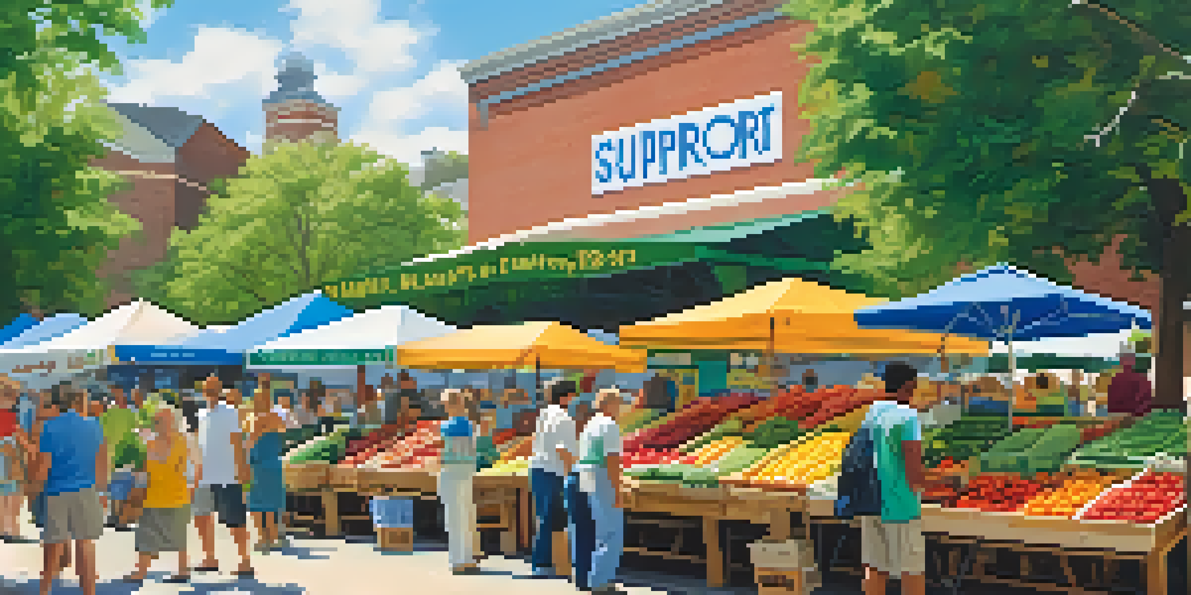 A busy farmer's market filled with people buying fresh produce, surrounded by colorful fruits and vegetables under a clear blue sky.