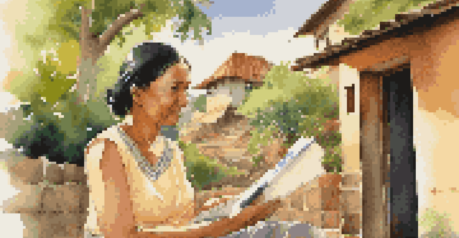 A woman interviewing a local resident in a rural village, with traditional homes and greenery in the background.