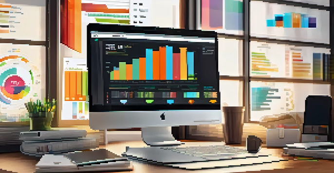 A modern workspace with a laptop showing colorful data charts, surrounded by notebooks and a coffee cup, illuminated by natural light from a window.