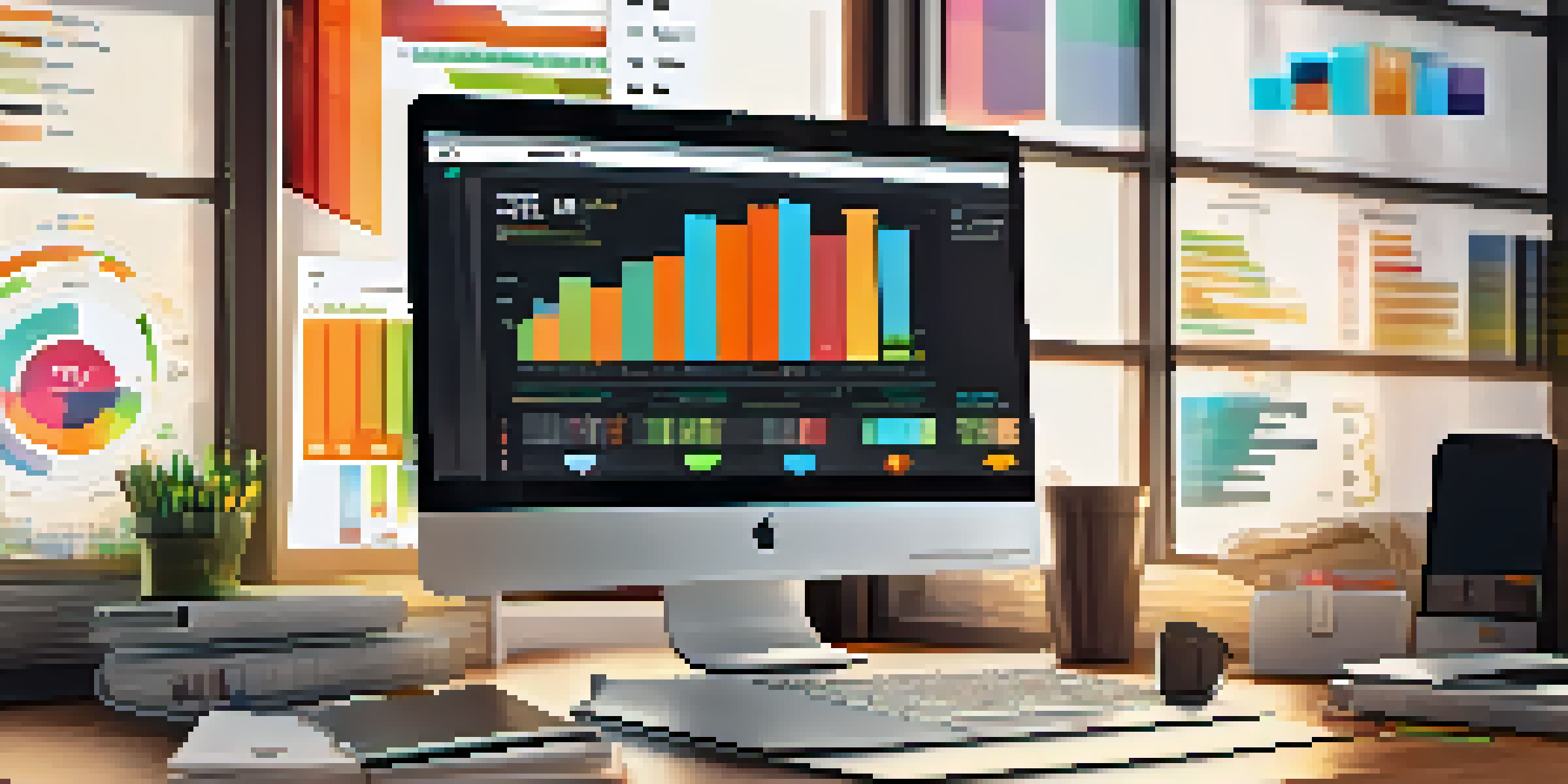A modern workspace with a laptop showing colorful data charts, surrounded by notebooks and a coffee cup, illuminated by natural light from a window.