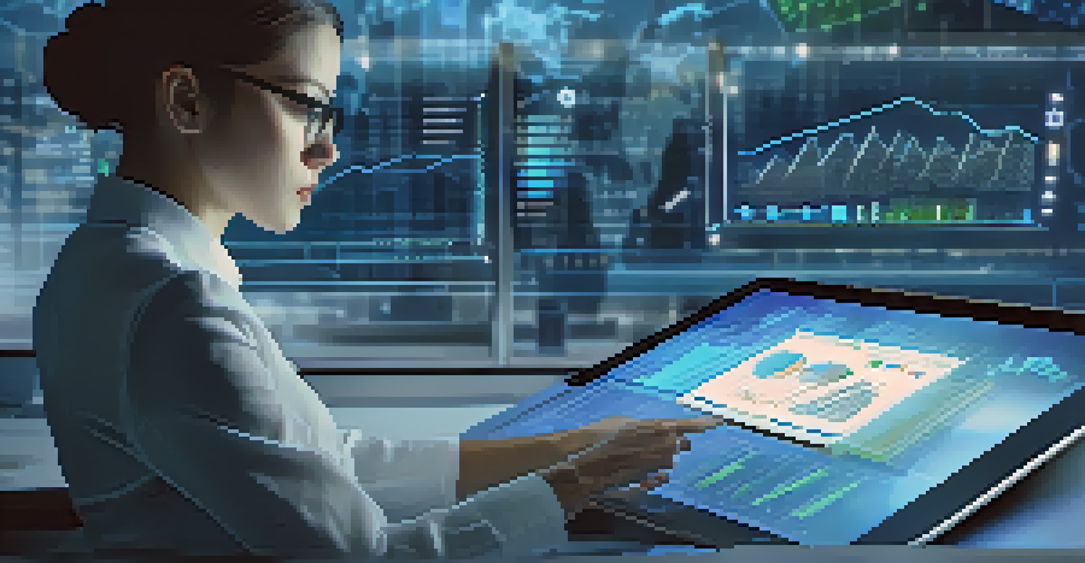 A business professional examining data on a tablet in a modern, tech-savvy office environment.