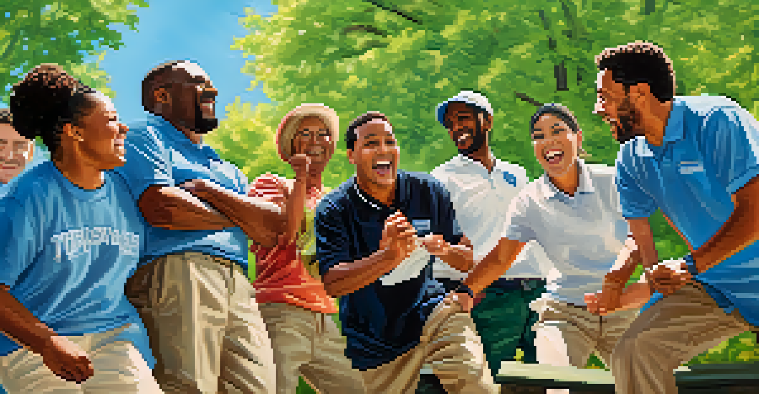 Multicultural team members engaging in a trust exercise outdoors, surrounded by nature and smiling faces.