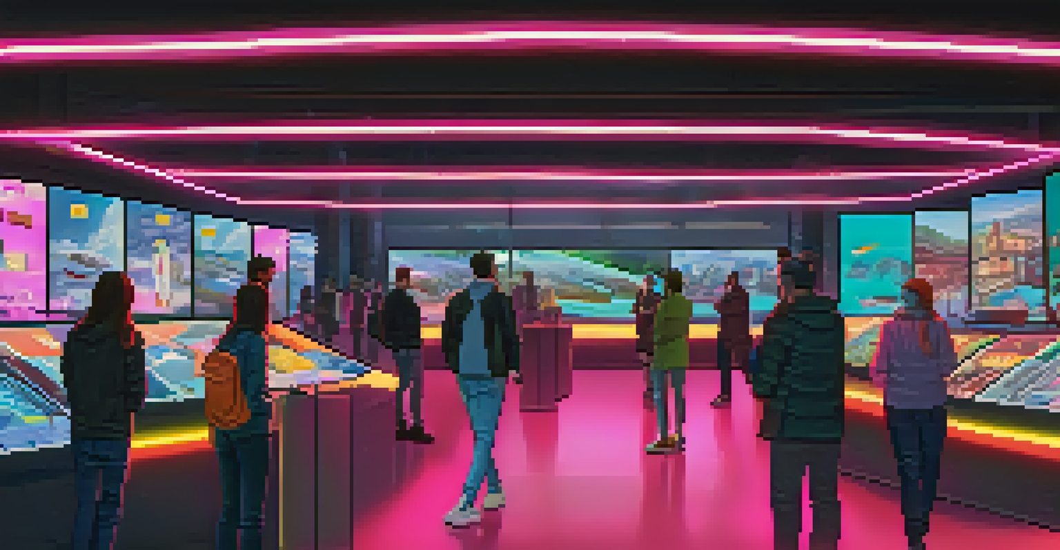 A futuristic digital marketplace displaying NFTs on large screens with people interacting.