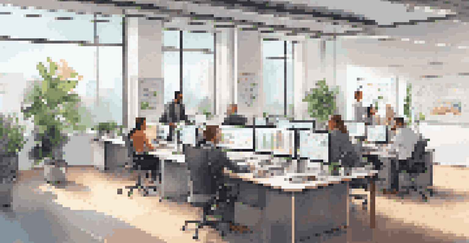 A modern sales office featuring a diverse team collaborating at a conference table with laptops and charts.