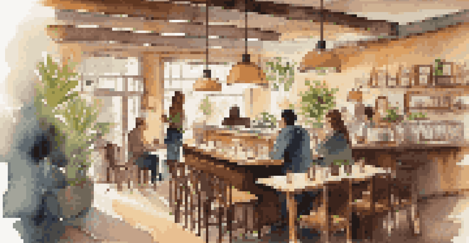 A cozy coffee shop with friends discussing business, featuring warm lighting and wooden furniture.