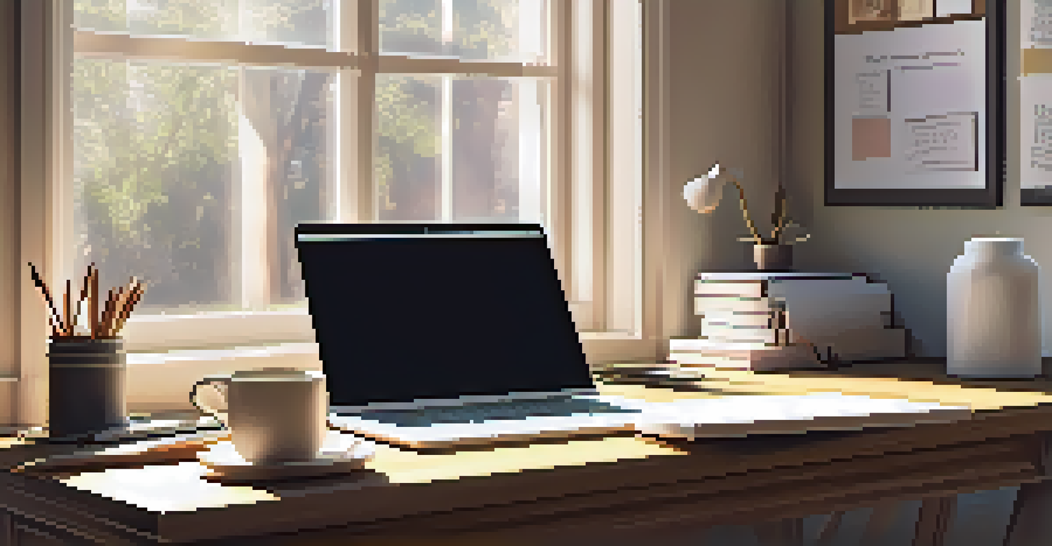 A cozy workspace with a laptop, stationery, coffee mug, and a notepad, illuminated by soft sunlight.