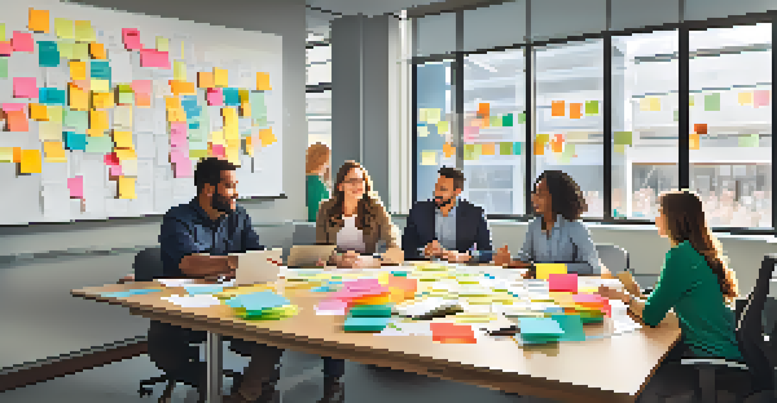 A diverse team of employees collaborating in a bright office, surrounded by notes and ideas.