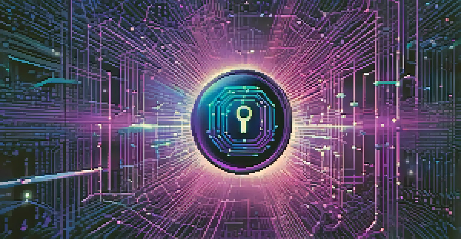 An abstract digital representation of data security featuring a glowing lock symbol and interconnected lines.