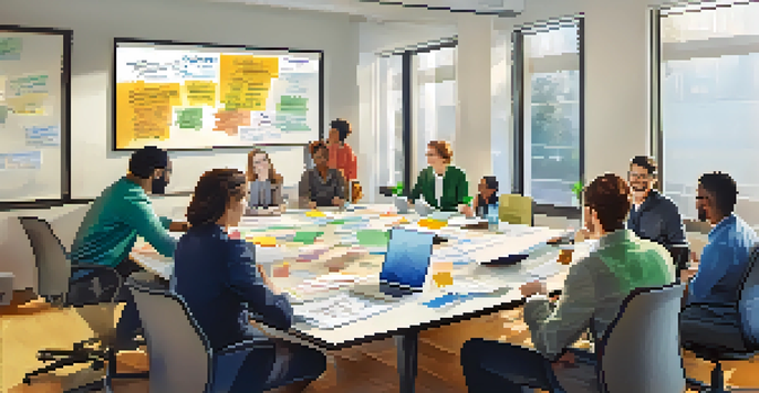 A diverse group of professionals in a conference room, engaged in a collaborative discussion with documents and laptops on the table.