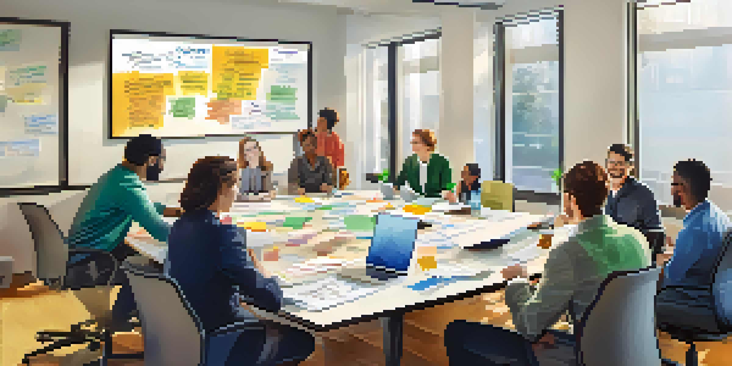 A diverse group of professionals in a conference room, engaged in a collaborative discussion with documents and laptops on the table.