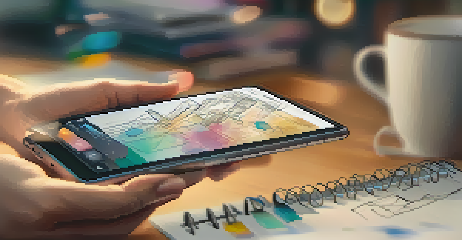 A close-up of a hand holding a smartphone showing a crowdfunding platform, set in a creative workspace background.