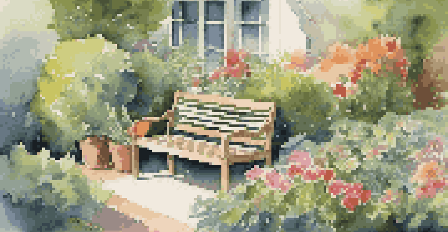 A vibrant garden scene with a gardener caring for plants, sunlight filtering through the leaves.