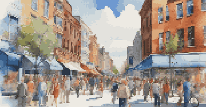 A lively city street filled with people shopping and dining under a clear blue sky.
