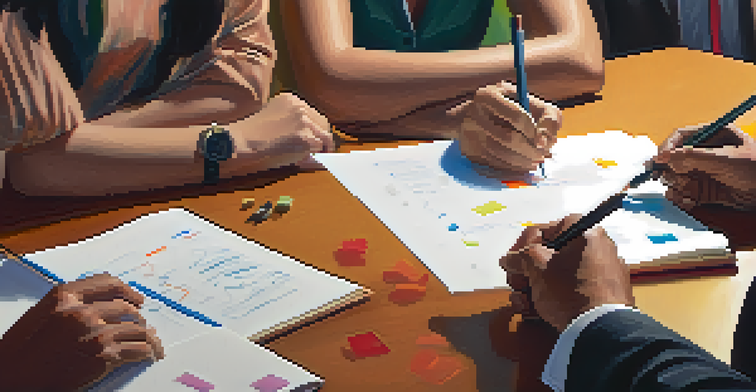 A close-up of a leader's hands taking notes during a vibrant team meeting, with colorful sticky notes and engaged team members.