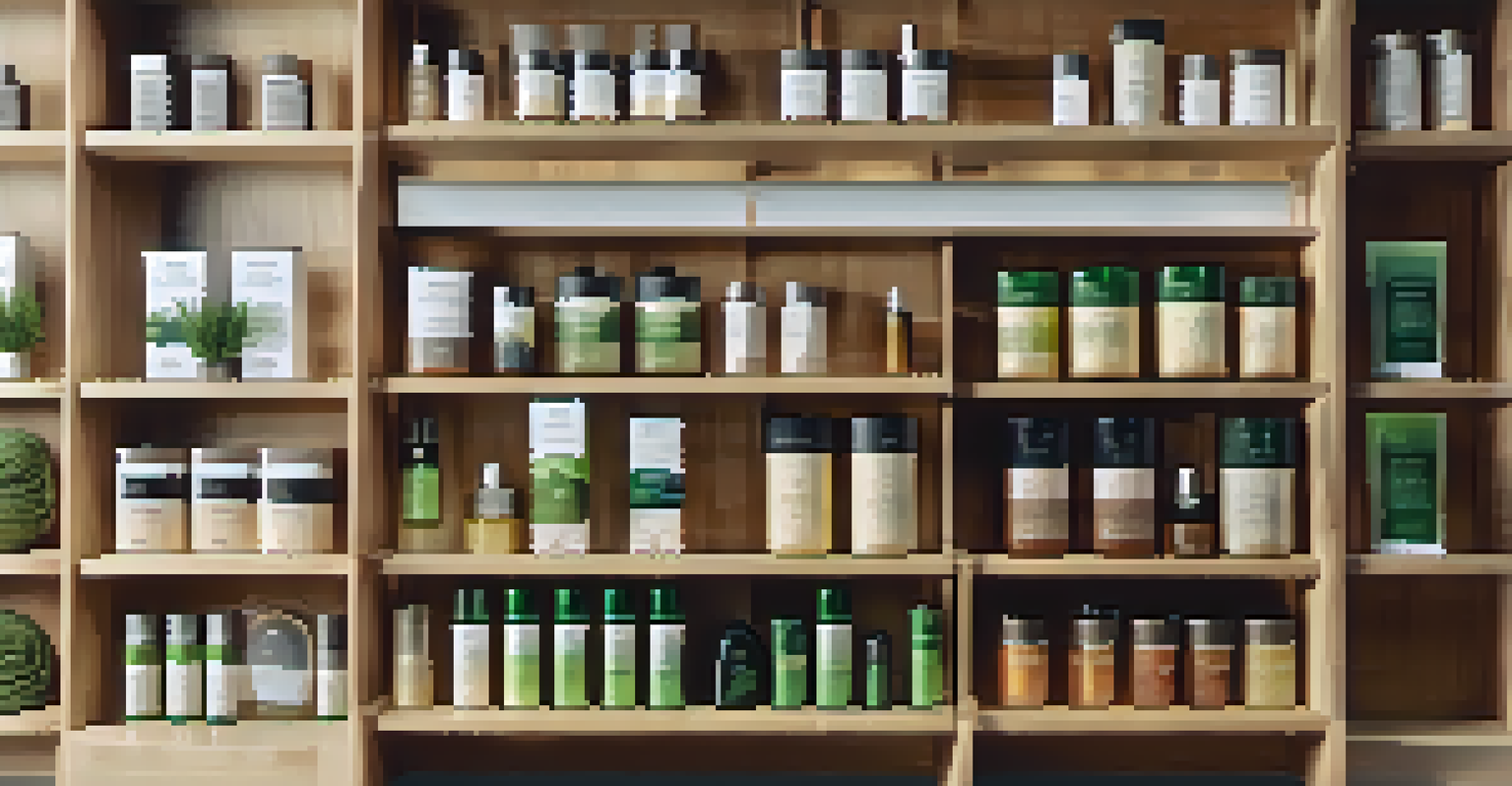 A close-up view of eco-friendly products displayed on wooden shelves in a retail store, with bright lighting and greenery.