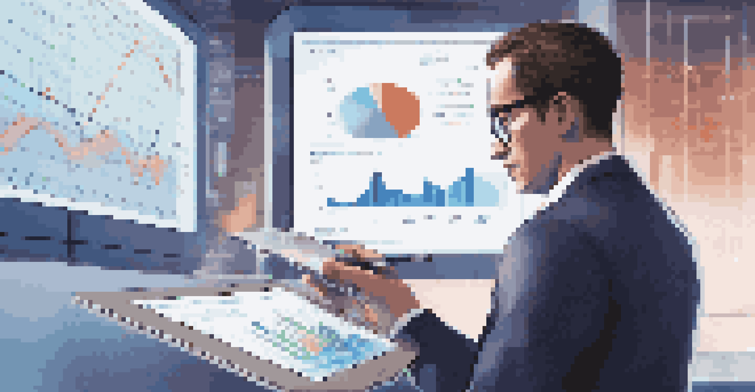 A person analyzing business data on a tablet with visual graphs projected in a modern office.