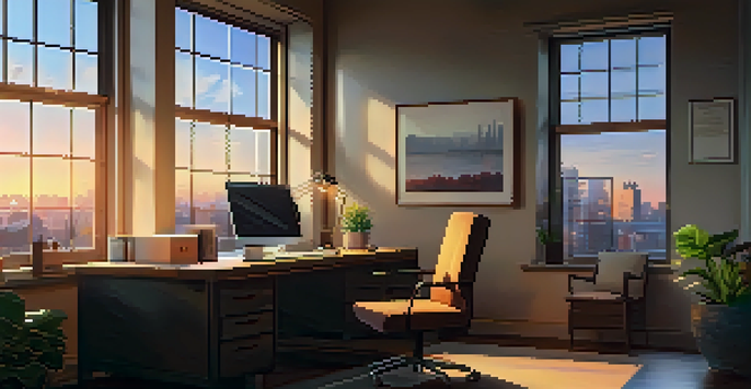 An office space featuring a desk with a laptop and coffee mug, illuminated by warm sunset light, with a city view through the window.