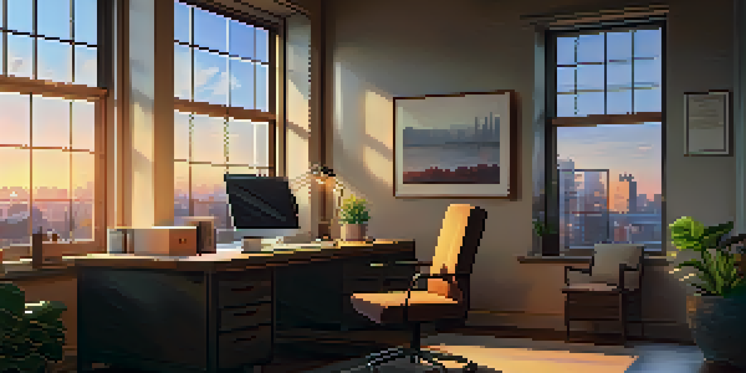 An office space featuring a desk with a laptop and coffee mug, illuminated by warm sunset light, with a city view through the window.