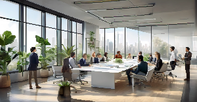 A bright office conference room with a diverse group of professionals discussing ethical supplier evaluation, surrounded by natural light and greenery.