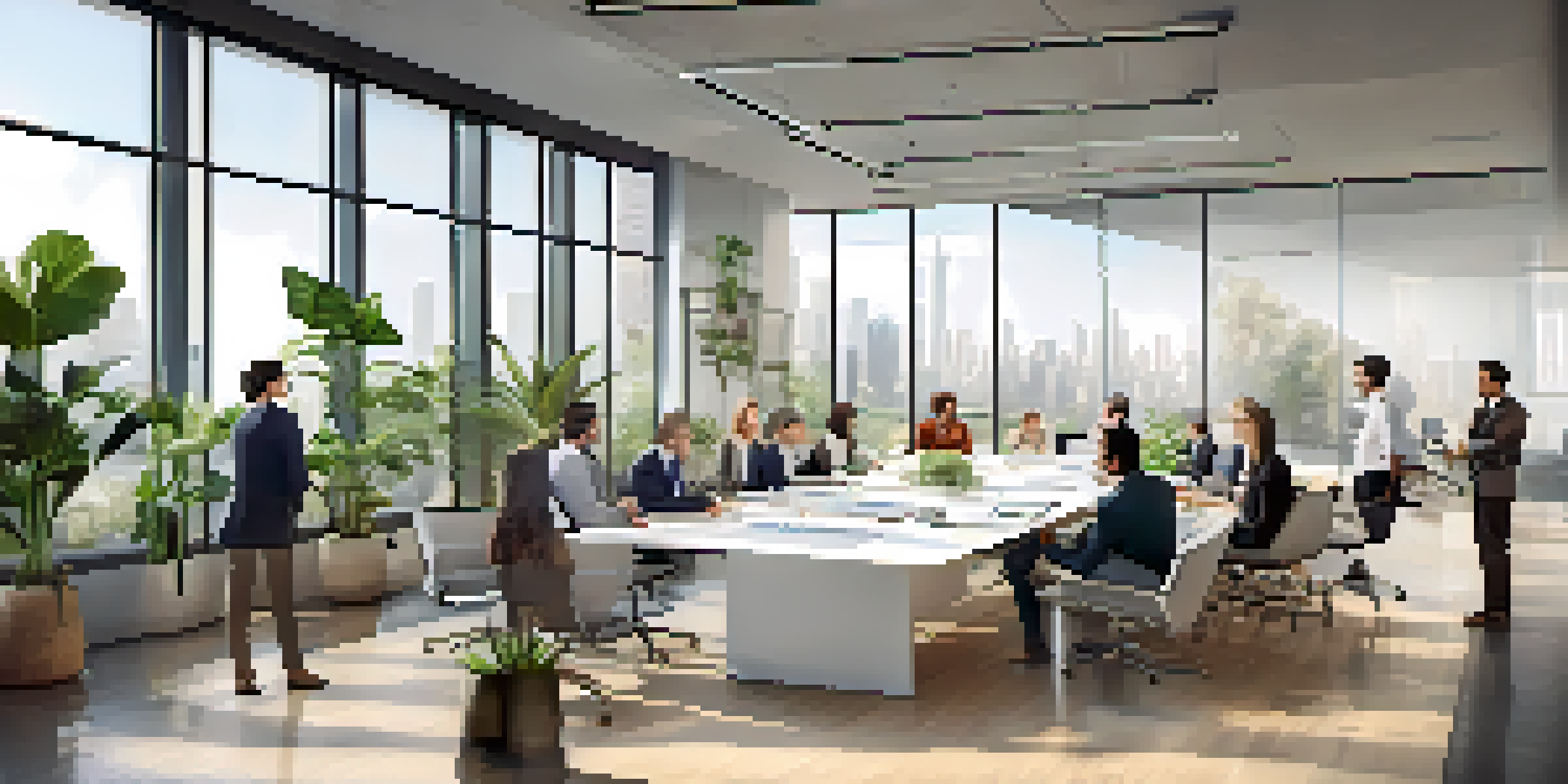 A bright office conference room with a diverse group of professionals discussing ethical supplier evaluation, surrounded by natural light and greenery.