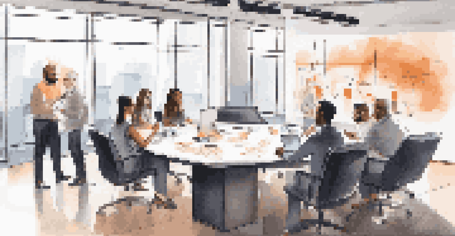 A marketing team in a bright conference room discussing influencer partnerships, with a screen showing campaign metrics and team members actively participating.
