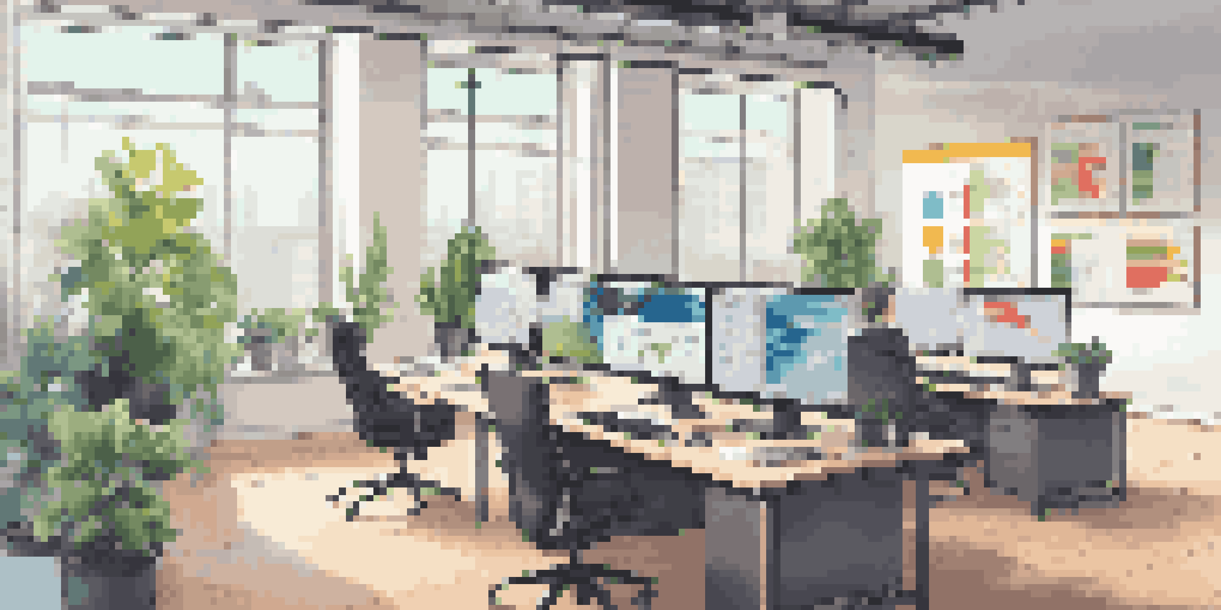 A bright and modern office with a computer setup showing colorful analytics graphs, large windows, and a potted plant.