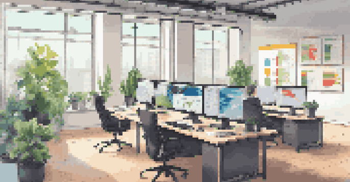 A bright and modern office with a computer setup showing colorful analytics graphs, large windows, and a potted plant.