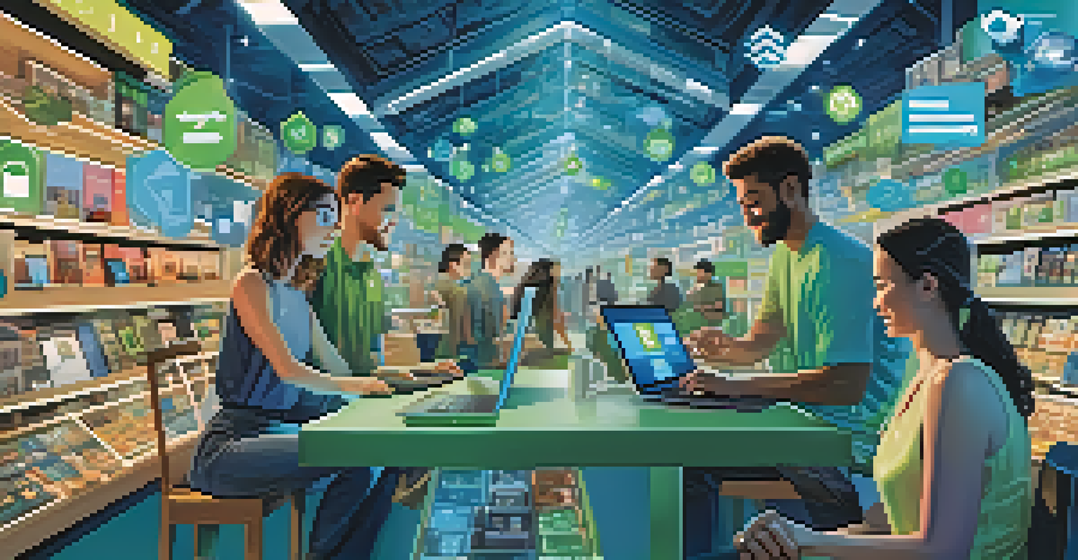 A digital marketplace scene with people using devices for online transactions, featuring icons representing consumer-to-consumer and business-to-government interactions.