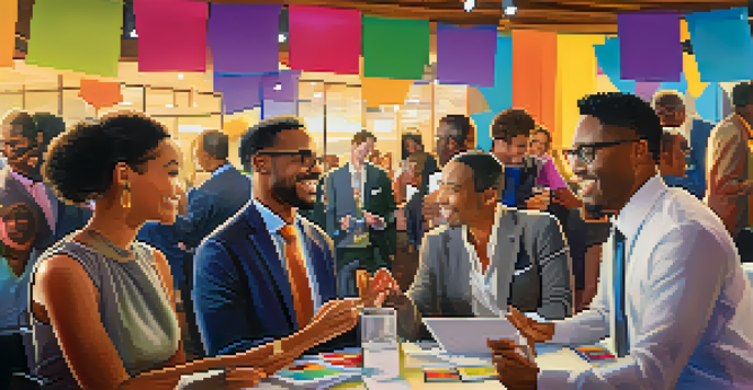 A networking event with diverse professionals talking and shaking hands, set in a warm and colorful environment.