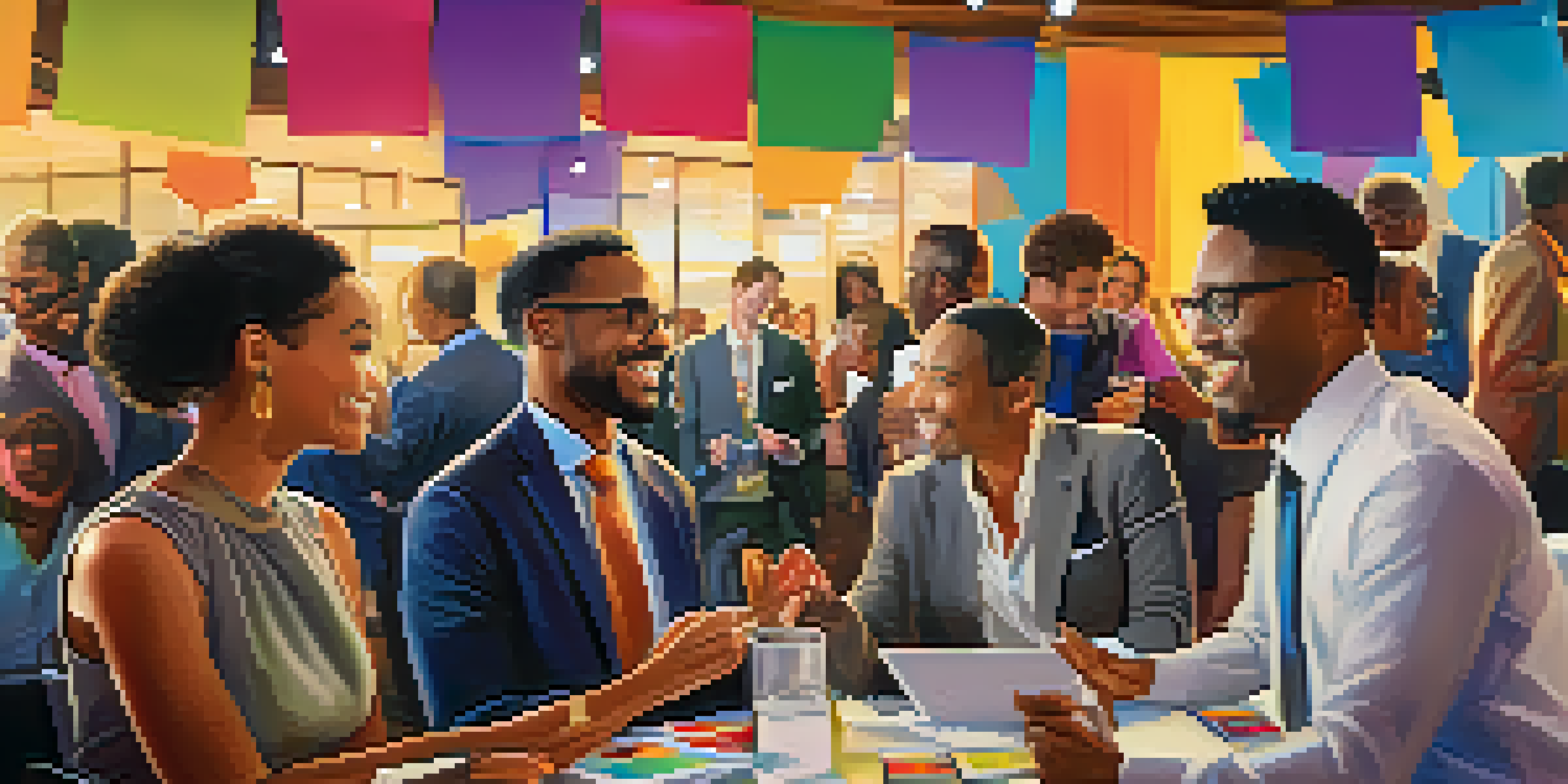 A networking event with diverse professionals talking and shaking hands, set in a warm and colorful environment.