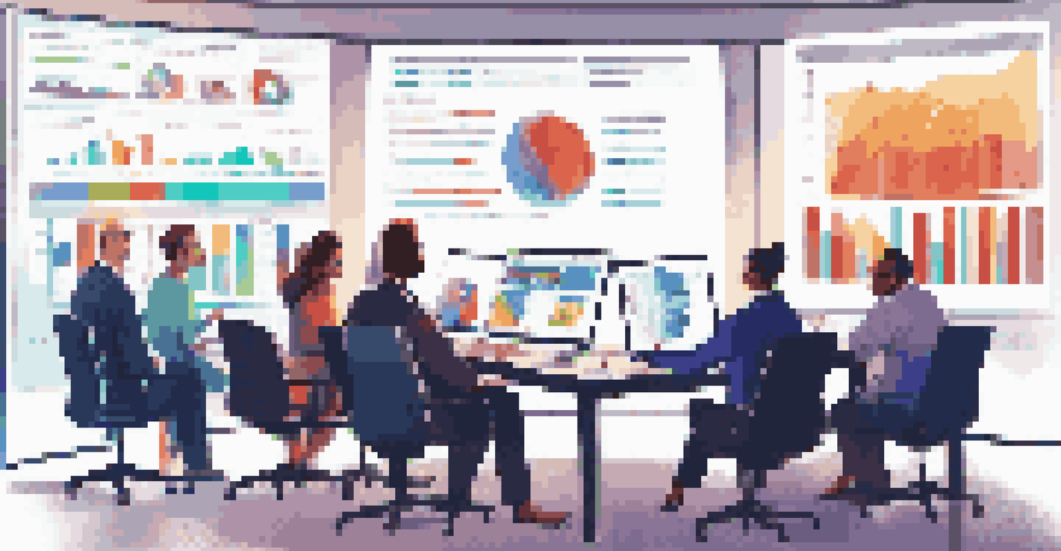 A diverse group of professionals discussing KPI data around a conference table, with charts and graphs on a large screen.