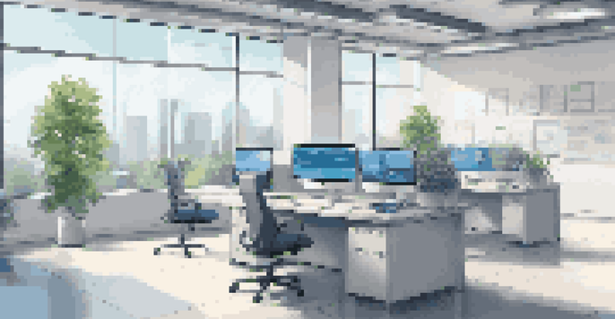 A modern franchise office with a desk, computer, and digital displays. Bright natural light fills the room, showing a professional and organized workspace.