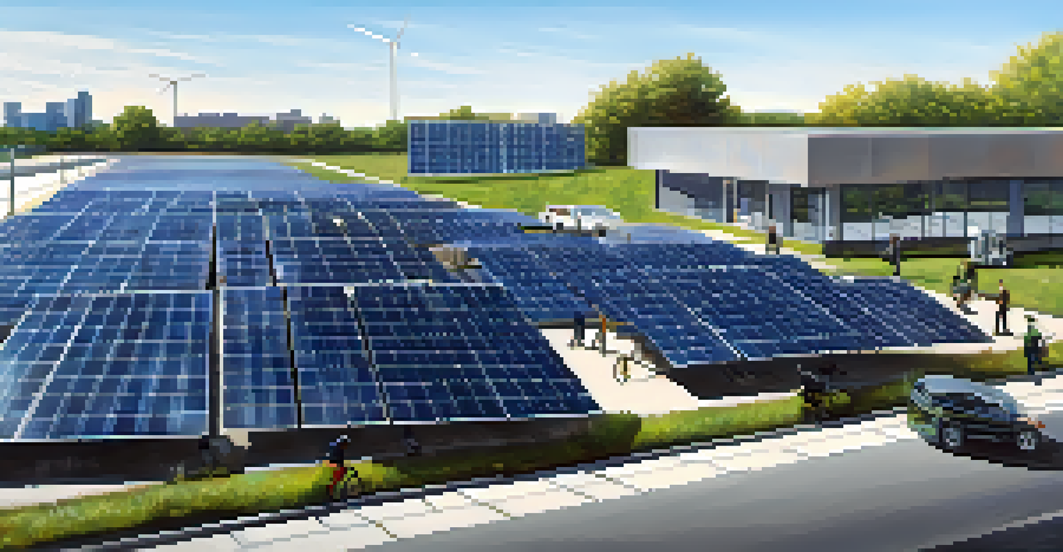 A commercial building with solar panels on the roof and employees biking to work, emphasizing renewable energy and sustainable transportation.
