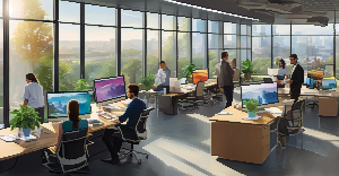 A bright and open office with diverse employees collaborating at a conference table, surrounded by plants and artwork.