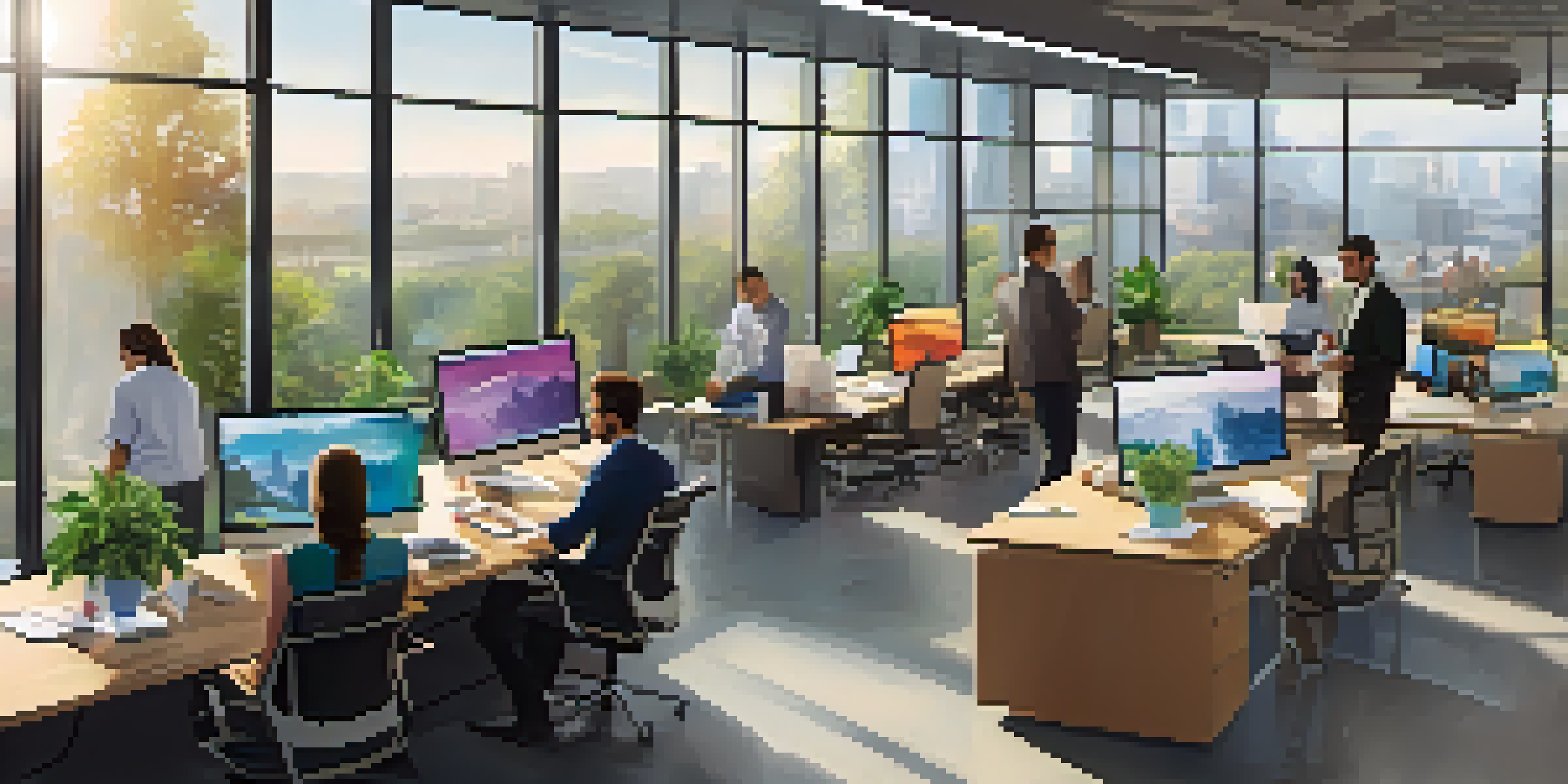 A bright and open office with diverse employees collaborating at a conference table, surrounded by plants and artwork.