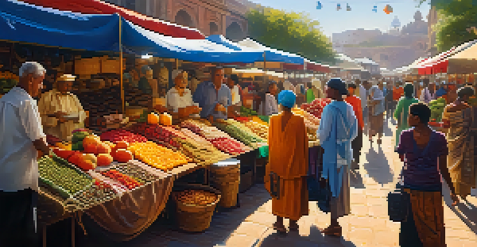 A lively market with colorful stalls featuring fruits and textiles, and diverse people interacting.
