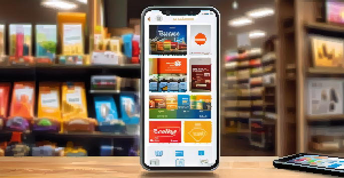 A smartphone on a wooden table showing a mobile shopping app with colorful product images, surrounded by shopping bags and packages.