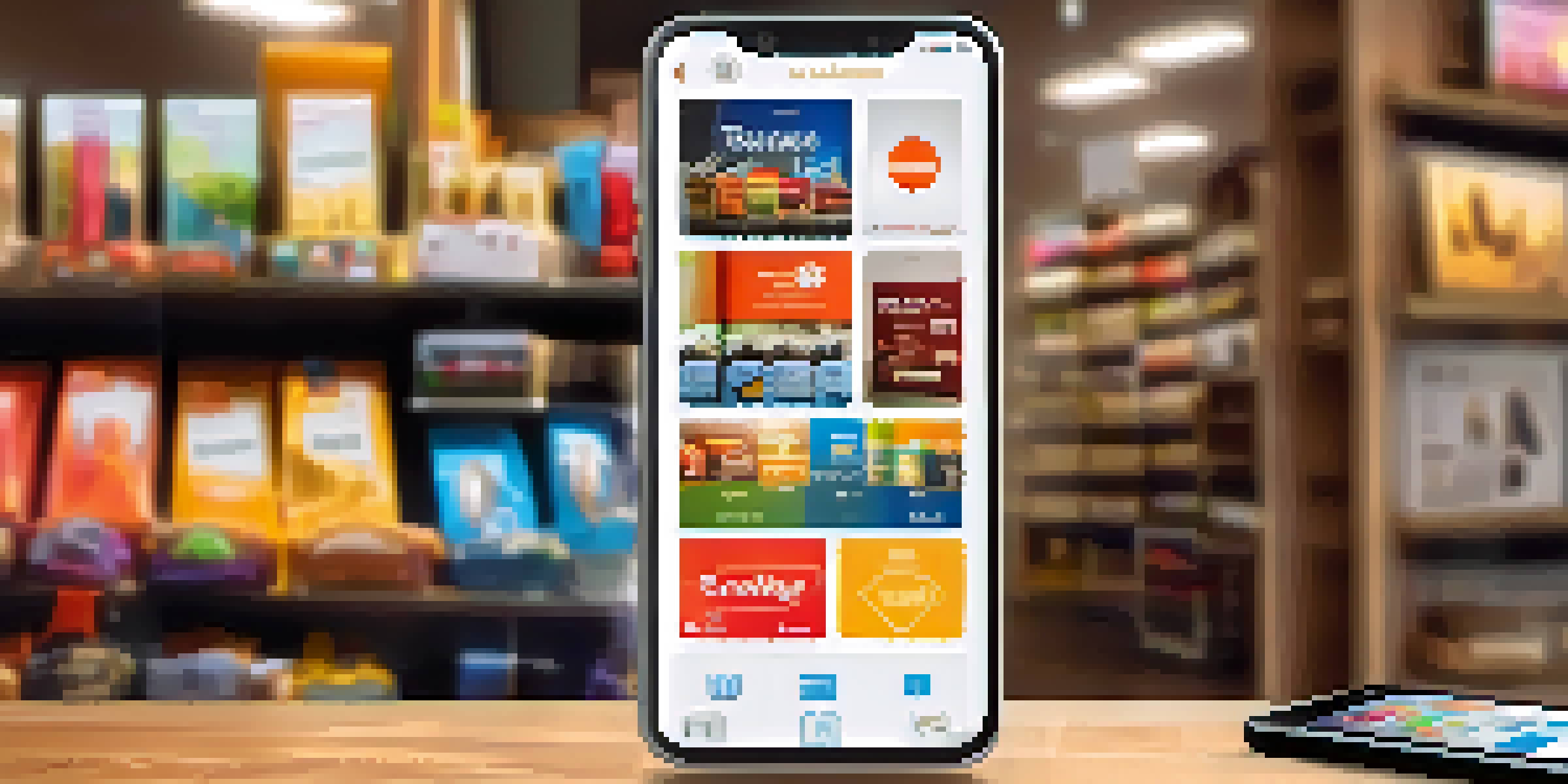 A smartphone on a wooden table showing a mobile shopping app with colorful product images, surrounded by shopping bags and packages.