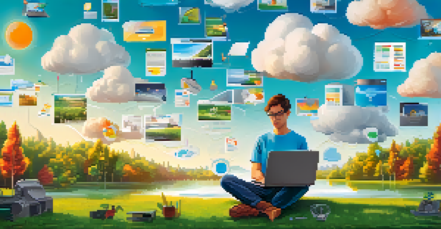 A person working on a laptop in a park, with cloud icons above representing data storage and file sharing, showcasing the concept of remote work.