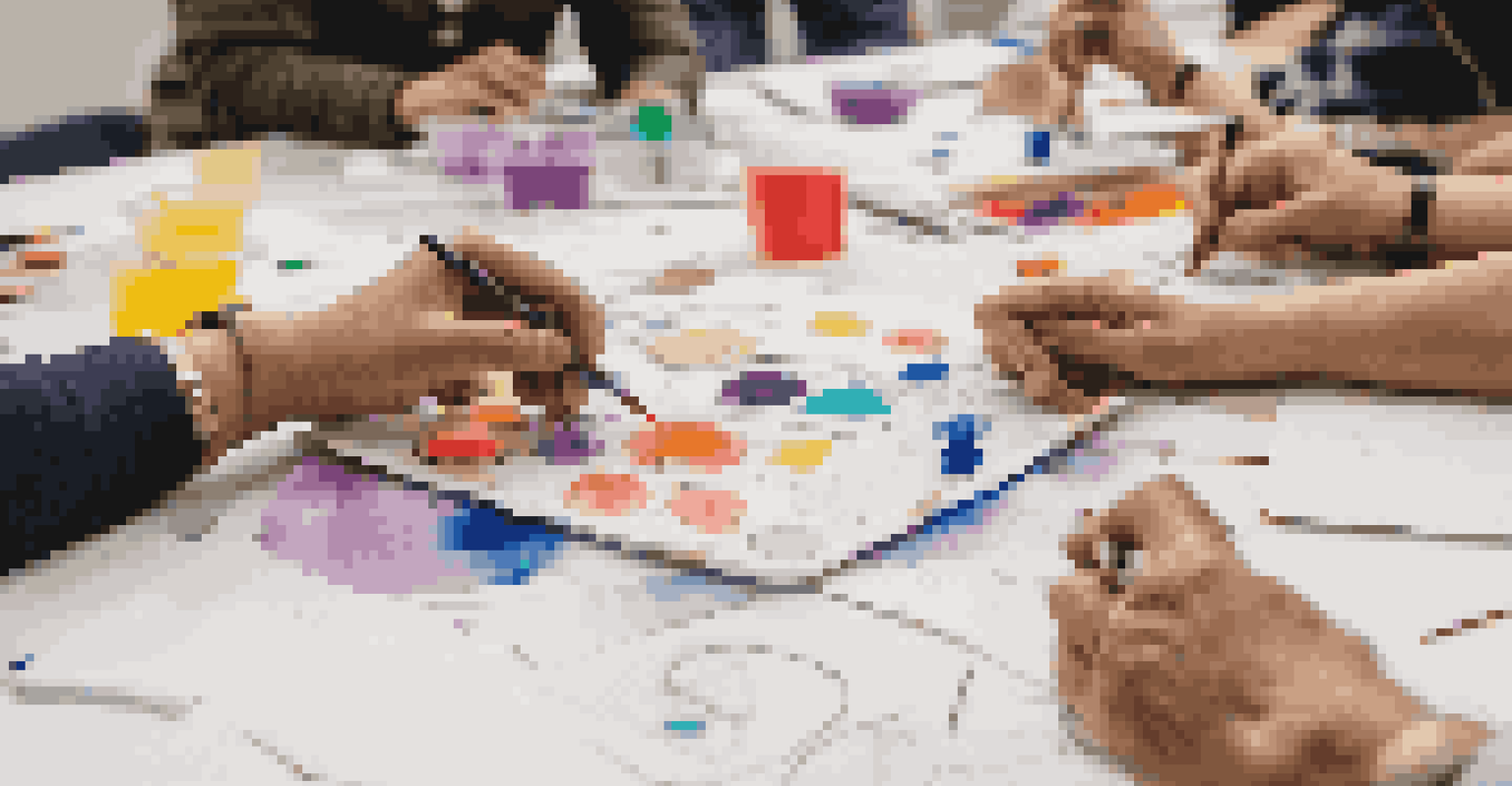 Close-up of hands engaged in a prototyping activity, with various materials on the table and a group discussing in the background.