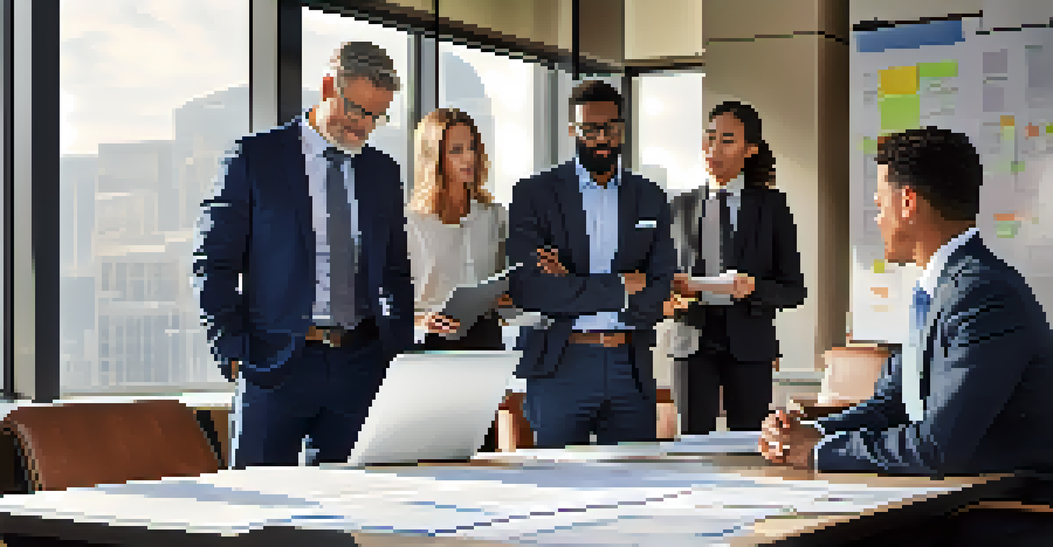 A diverse group of business professionals collaborating around a conference table, discussing contracts in a bright office with a whiteboard.