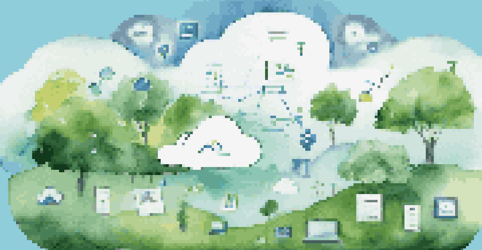 A serene landscape with a cloud displaying data icons symbolizing cloud-based business intelligence.