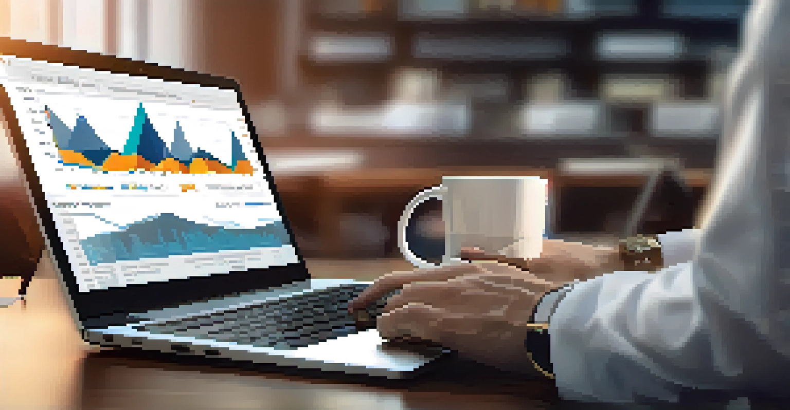 A close-up of hands typing on a laptop with a data dashboard on the screen, set in an office environment.