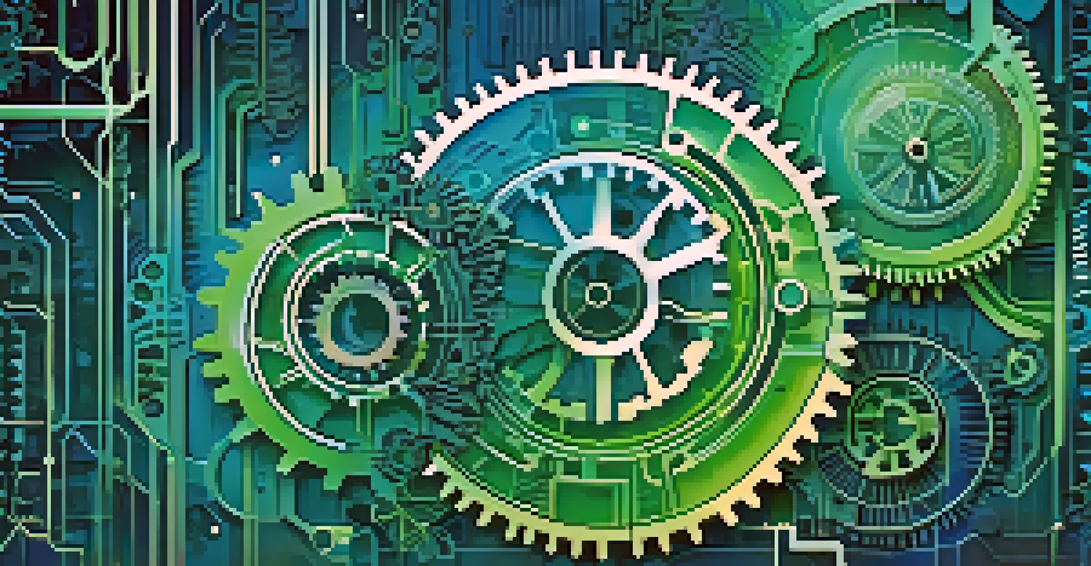 An abstract illustration of business transformation with gears and digital elements in a blue and green gradient background.