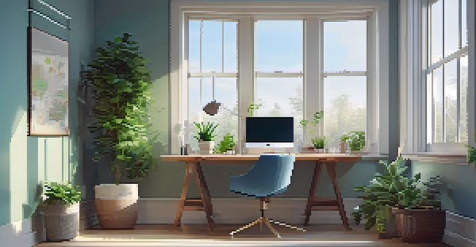 A modern office with a desk, laptop displaying an email marketing dashboard, plants, and natural light coming through the window.