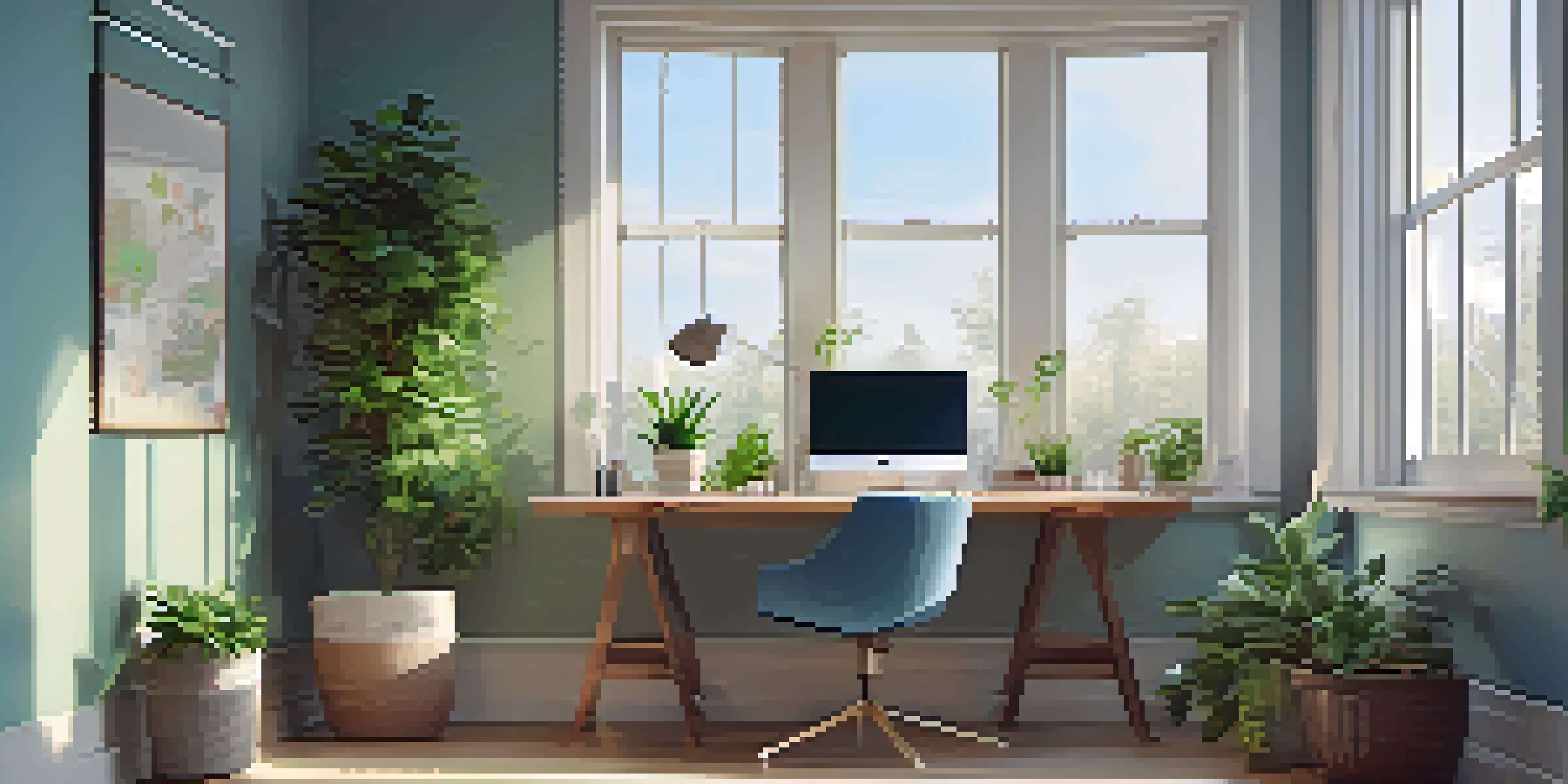 A modern office with a desk, laptop displaying an email marketing dashboard, plants, and natural light coming through the window.