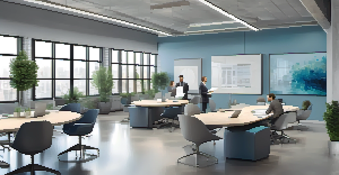 A bright and modern office with diverse professionals in a meeting around a round table, laptops open, and natural light streaming in through large windows.