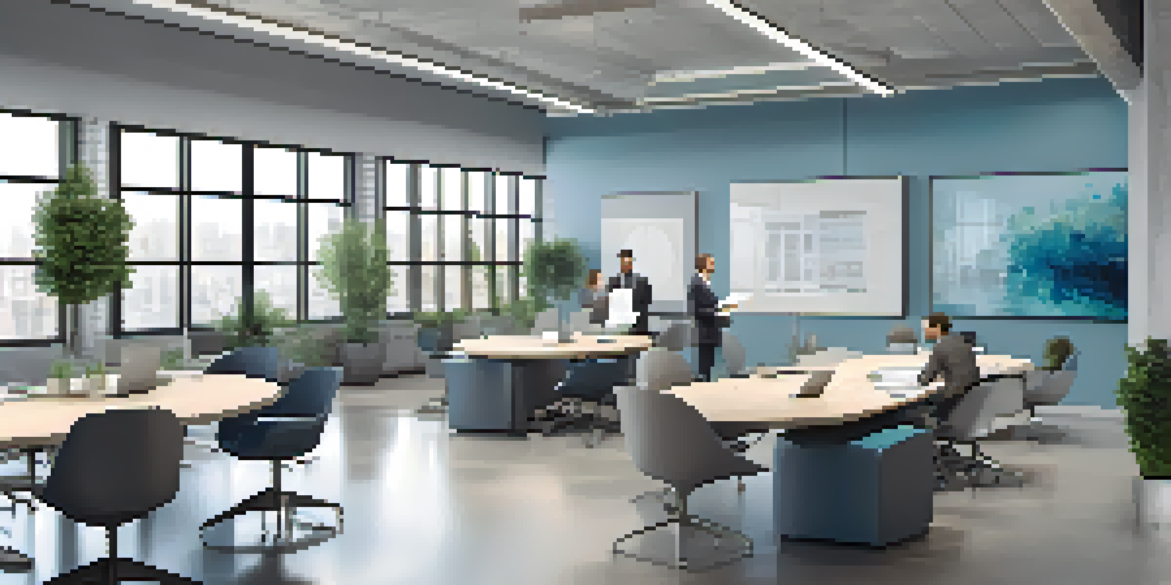 A bright and modern office with diverse professionals in a meeting around a round table, laptops open, and natural light streaming in through large windows.