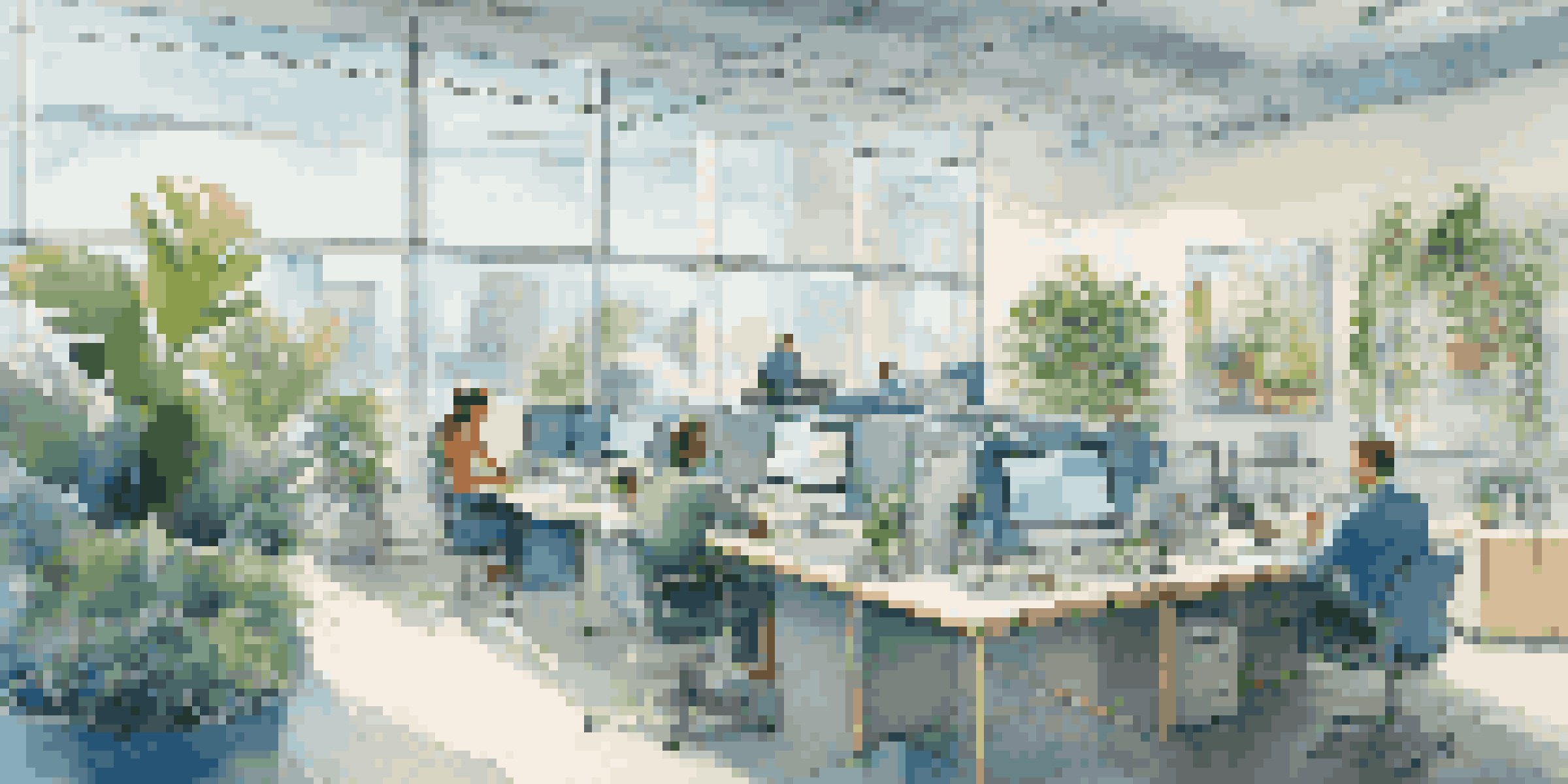 A bright and modern office with employees working in various settings, including desks and a lounge area, showcasing a flexible work environment.
