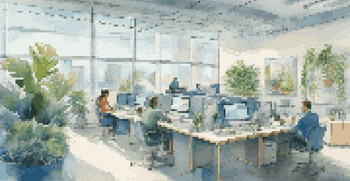 A bright and modern office with employees working in various settings, including desks and a lounge area, showcasing a flexible work environment.